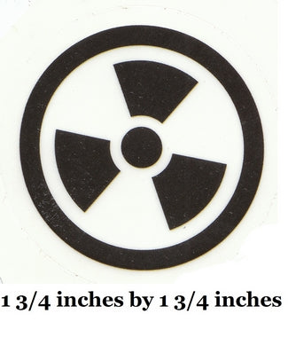 Black radiation symbol on a white background with text indicating size.