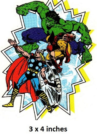 Illustration of a superhero and a villain with a colorful background, labeled '3 x 4 inches'.