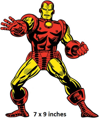Cartoon Iron Man figure with red and yellow suit on a white background