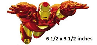 decal of a superhero in red and gold with text indicating size.