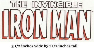 Logo of 'The Invincible Iron Man' with text indicating dimensions.