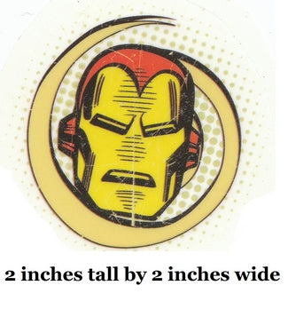 Comic book-style Iron Man helmet logo on a yellow circle with text indicating size.