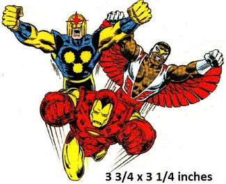 Superhero characters in action pose with text indicating size.