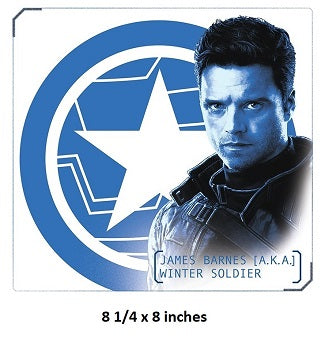 Character with a superhero emblem and text indicating 'Winter Soldier' on a white background