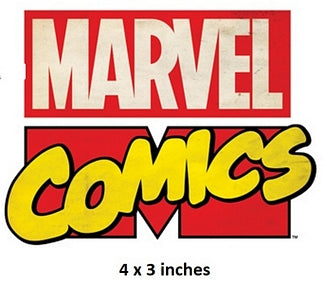 Marvel Comics logo with text indicating size 4 x 3 inches on a white background