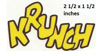 Yellow 'KRUNCH' logo with dimensions 2.5 x 1.5 inches.