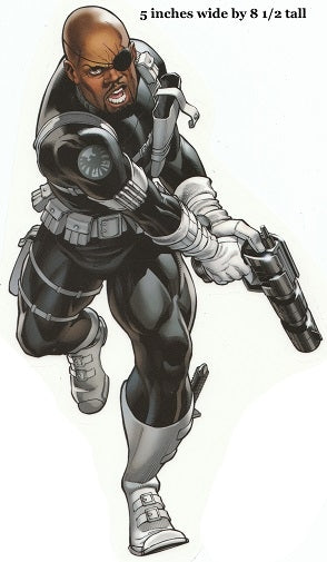 Comic book character in action pose with text indicating dimensions