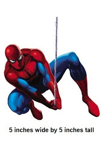 Spider-Man character in a red and blue suit climbing a rope on a white background.