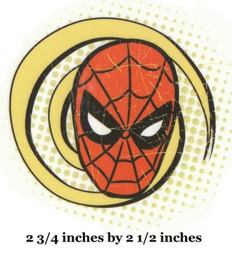 Spider-Man mask logo with text indicating size on a yellow background