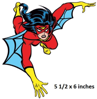 Superhero character in red, blue, and yellow with spider web design on a white background