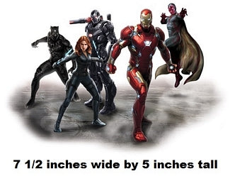 Illustration of superhero characters standing together with text indicating dimensions.