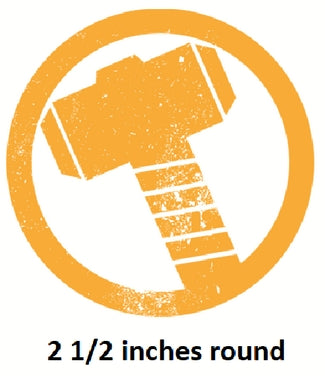 Round object with a yellow border labeled '2 1/2 inches round' on a white background