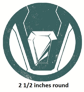 Logo with a geometric design and text indicating size on a green background