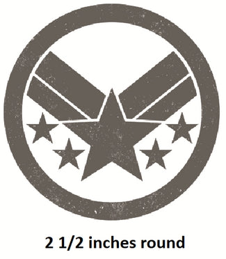 Circular logo with star design and text indicating size on a white background